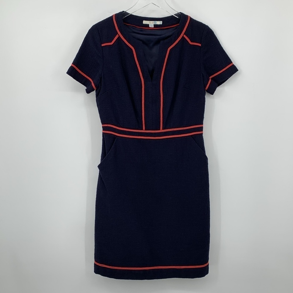 Boden Tilda shift dress navy blue red piping cotton textured nautical pockets 6
